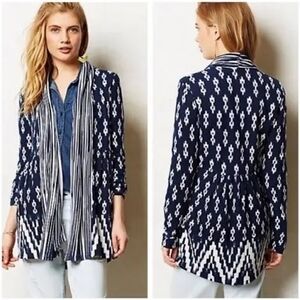 Anthropologie One September Martingale Navy and White Patterned Cardigan Large